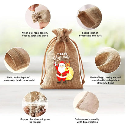 Linen Cotton Drawstring Bags Merry Christmas Decoration 2024 Christmas Navidad Natal New Year 2025 Packing Gift Candy Bag