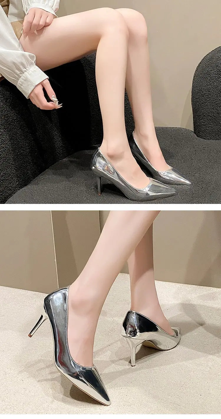 Soft Leather Sliver Gold High Heels 8/10cm Shoe Fashion Women Pumps Pointed Toe Slip-on Office Woman Wedding Shoes Large Size 43