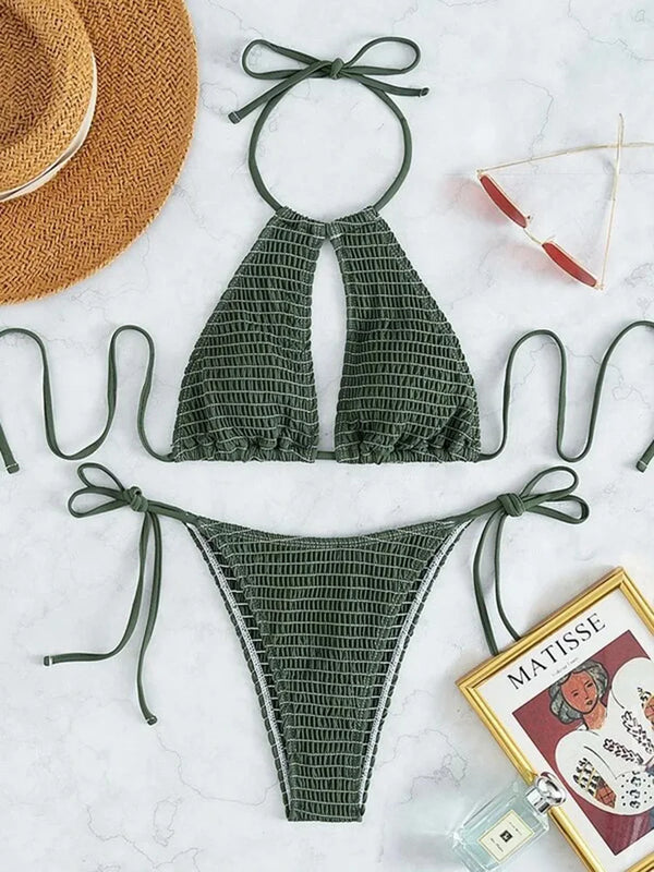 Costume da bagno da donna con due pezzi, bikini a balza con laccetti laterali e scollo all'americana, 2025
