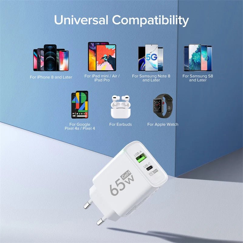 GAN 65W PD USB Charger Type C Charger Fast Charging Power Adapter for iPhone 15 Xiaomi Huawei Samsung Mobile Phone Quick Charger