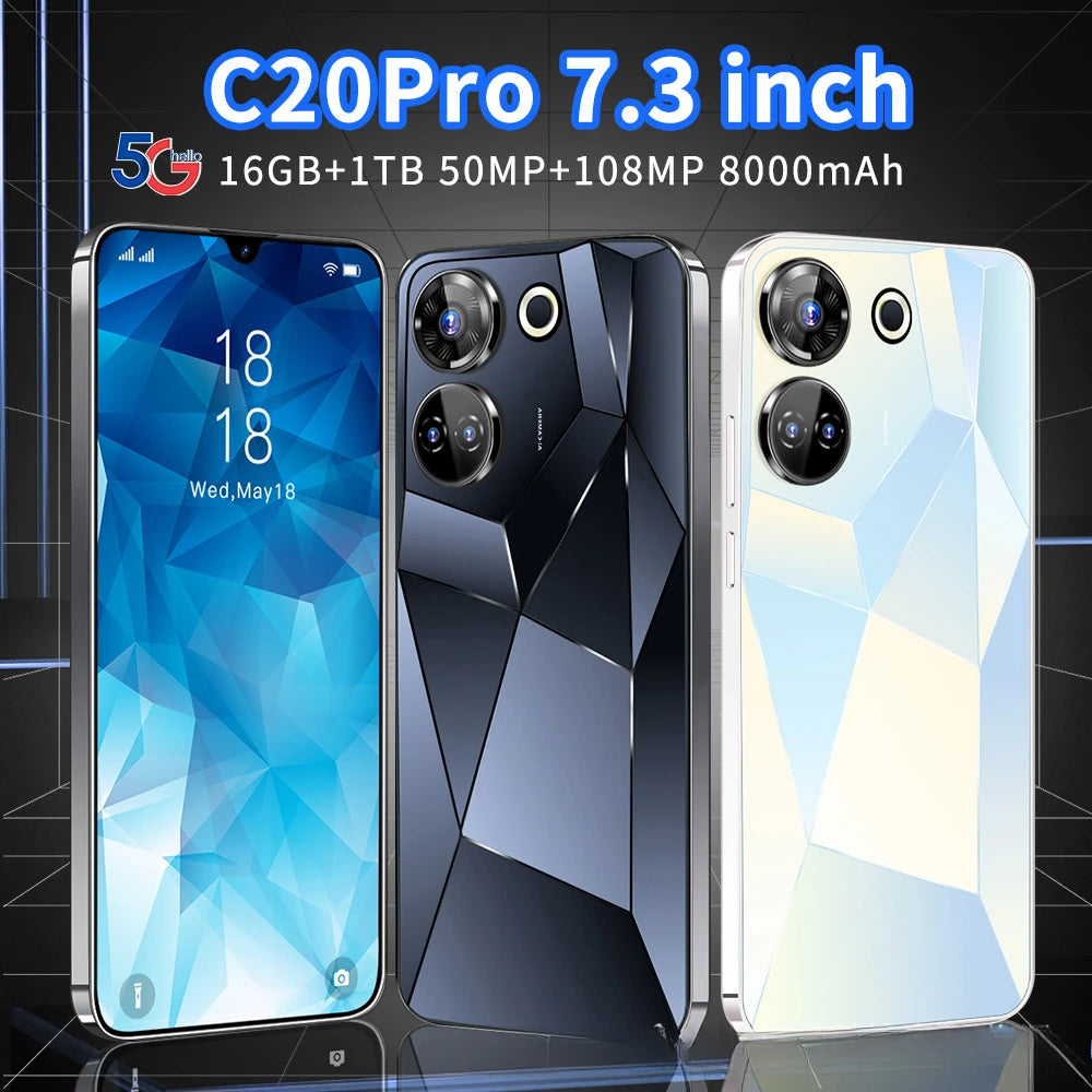 C20Pro Android Smartphone 7.3-inch HD Screen 16+1T Memory Hot Selling Cheap Mobile Phone for Foreign Trade S22 S23 Ultra