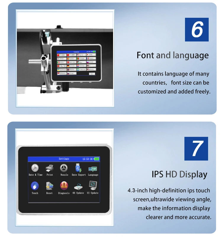 DCODE 130PLUS Industrial Online Inkjet Printer 12.7/25.4mm Nozzle with 4.3inch Screen QR Barcode Batch Number Logo Date Printer