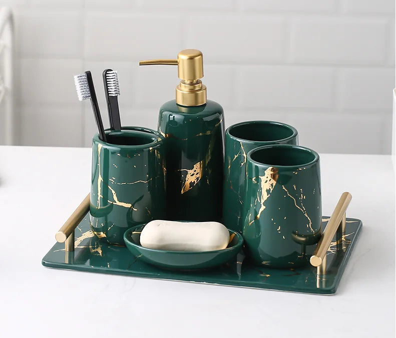 Ceramic Toiletries Bathroom Set Marble Porcelain Cup Toothbrush Holder / Soap Dispenser / Tray Bathroom Decoration Accessories