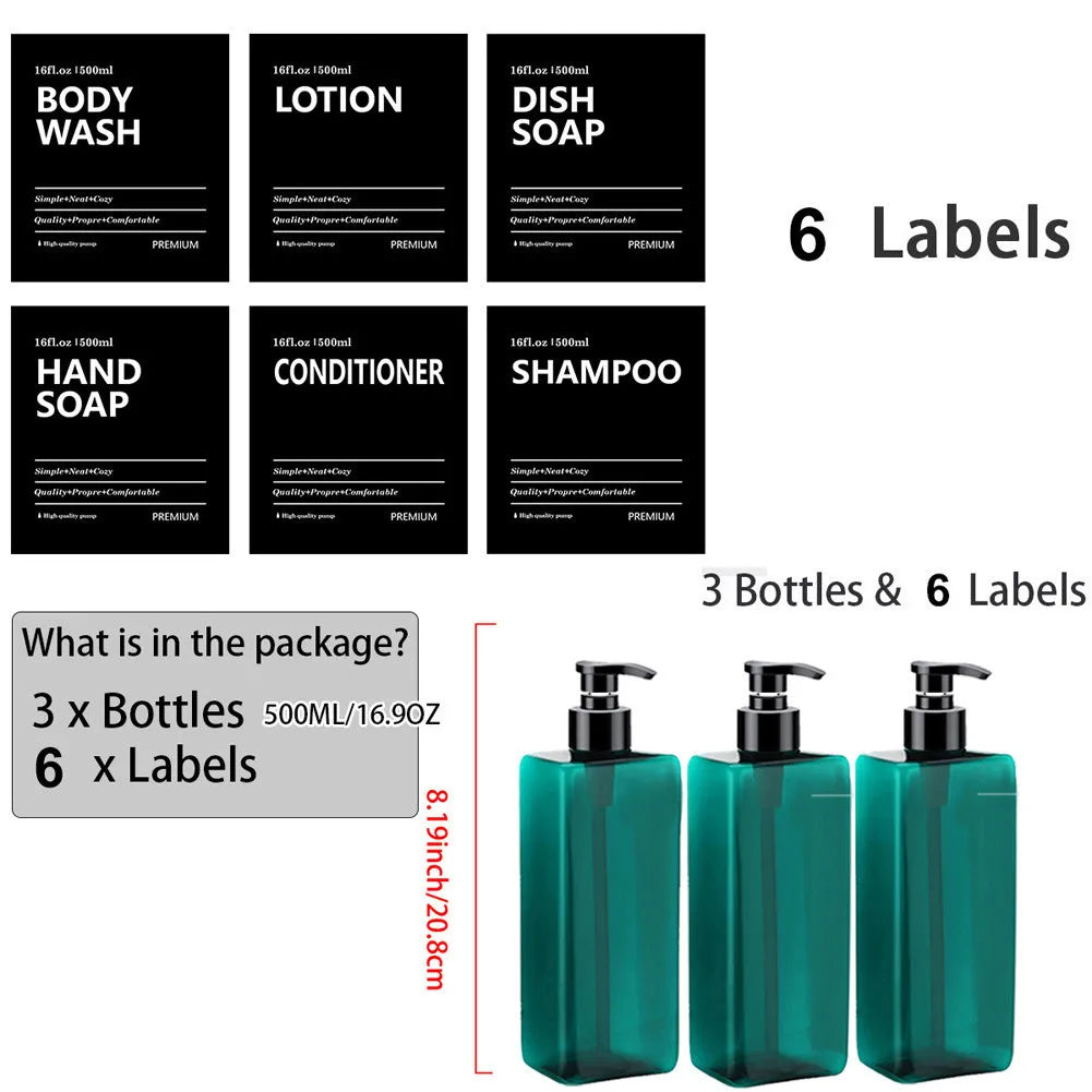 Bathroom Refillable Liquid Square Bottle Dispenser Lotion Containers With Labels Dish Soap Body Wash Dispenser 500ml