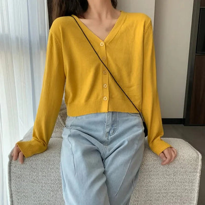 Women's Long Sleeve Cropped Cardigan V Neck Button Down Knit Lady Autumn Spring Knitted Single-breasted Cardigan Sweaters