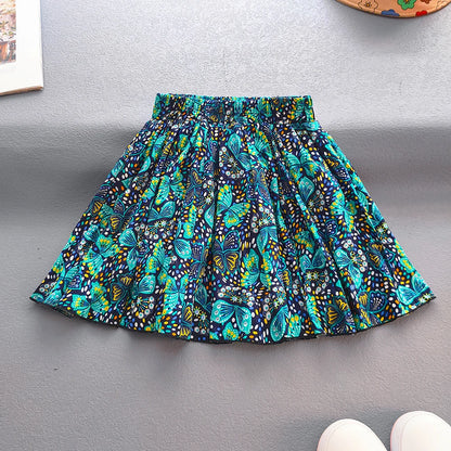 Kids Girls Princess Pleated Skirts Korean Girls Cotton Printed Large Hem Skirt Kids Floral Fluffy Party Skirt Children Clothes