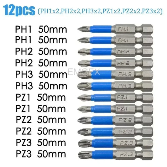 No-slip 12PCs PZ1/PZ2/PZ3 Screwdriver Bit Sets for Drill Magnet S2 Alloy Steel Screwdriver Electric Impact 50/25mm PH1/PH2/PH3