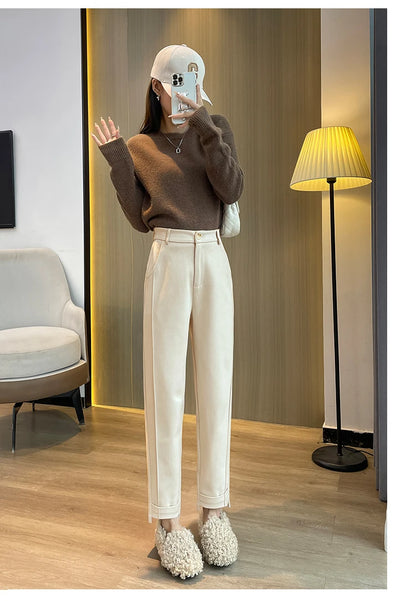 Woolen Pants Women's Harem Pencil Pants 2024 Autumn Winter High Waist Casual Pantalones Beige Black Women Ankle-Length Trousers