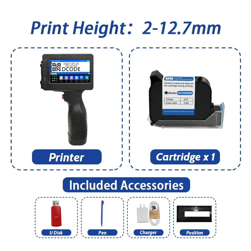 DCODE 1755PLUS 12.7mm Portable Printers Handheld Inkjet Printer Text QR Barcode Batch Number Logo Image Date Printing Machine