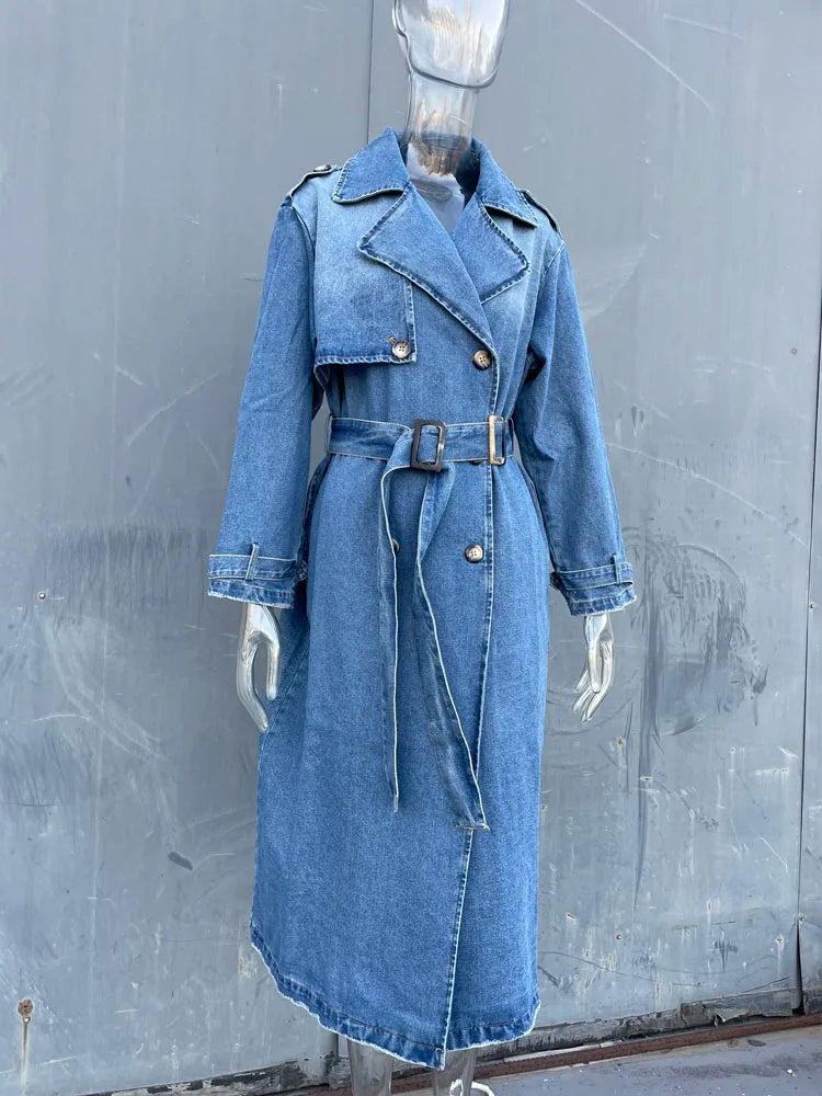 Denim Trench Coats For Women Belt On Waist Slim Jean Coats Ladies Jaqueta Feminina Blue Jean Jacket Woman