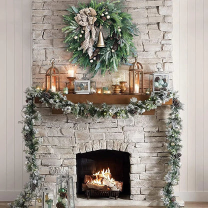 Farmhouse Christmas Wreath With Bells Door Pine Cone Decoration Artificial Geen Plants Simulation Flower Vine New Year Garland