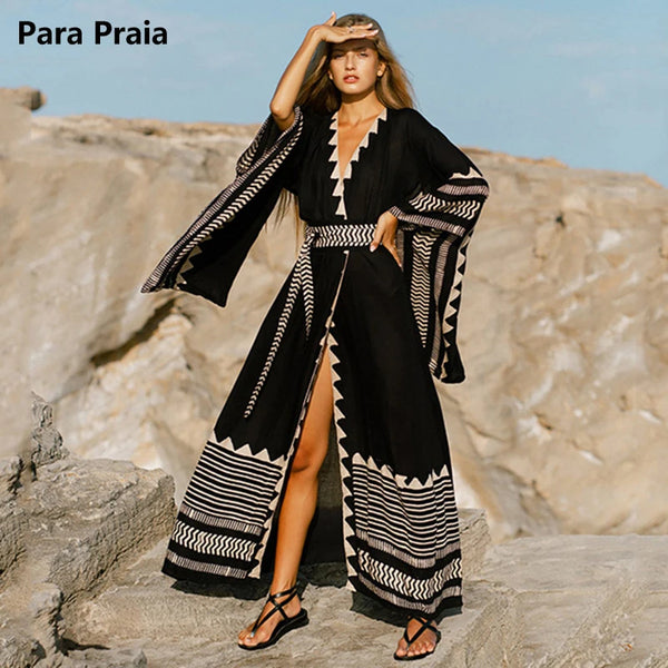 Kimono da spiaggia, copricostume, abito da spiaggia a maniche lunghe svasate, pareo da donna, cardigan largo, copricostume