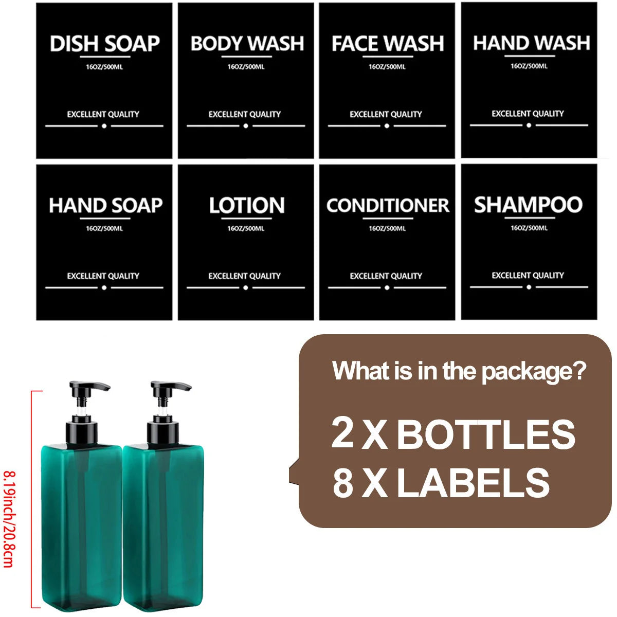 Bathroom Refillable Liquid Square Bottle Dispenser Lotion Containers With Labels Dish Soap Body Wash Dispenser 500ml