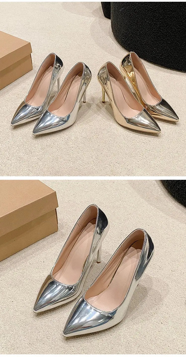 Soft Leather Sliver Gold High Heels 8/10cm Shoe Fashion Women Pumps Pointed Toe Slip-on Office Woman Wedding Shoes Large Size 43