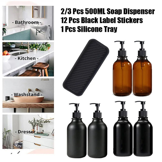 500ml Portable Empty Pump Dispenser Bottle Cylinder Shampoo Lotion Soap Hand Sanitizer Bottle with Tray 12 Label Bathroom