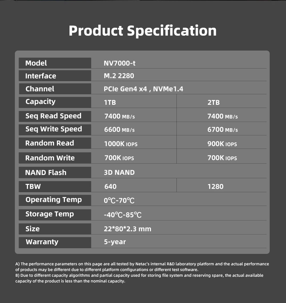 Netac SSD 1tb 2tb SSD NVMe M2 4tb 512gb PCIe 4.0 x4 M.2 2280 Disk Internal Solid State Drives NVME SSD for PS5 Laptop NV7000t