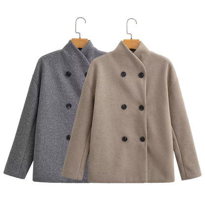 TRAF Women's British style short double-breasted tweed jacket fashion commuter long-sleeved stand-up collar coat jacket