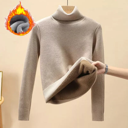 Winter Turtleneck Sweater Knitwear Women Elegant Thicken Velvet Lined Warm Sweaters Knitted Pullover Slim Tops Jersey Jumper New