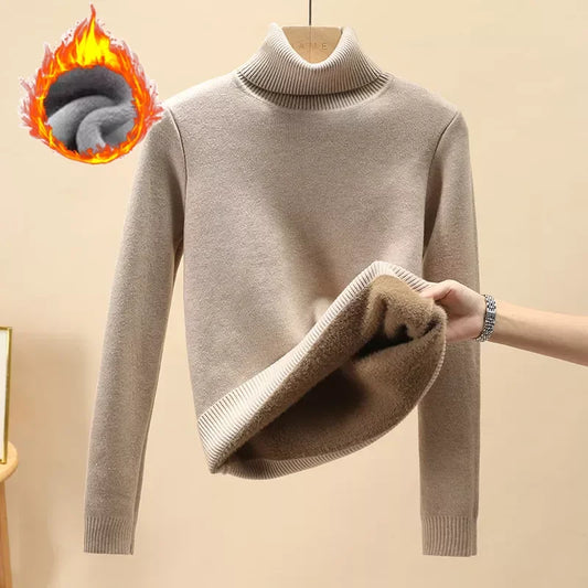 Winter Turtleneck Sweater Knitwear Women Elegant Thicken Velvet Lined Warm Sweaters Knitted Pullover Slim Tops Jersey Jumper New