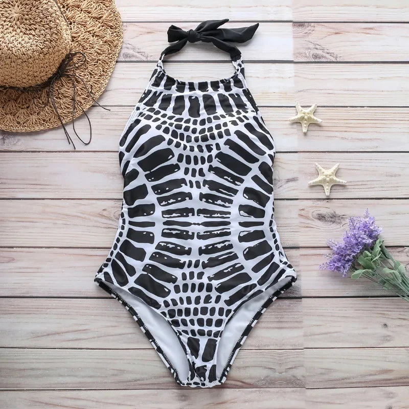 One Piece Bikini Set Women Sexy Bathing Suit Hanging Neck Lace-up Fashion Backless Beachwear Leopard print Swim Bodysuit 2024