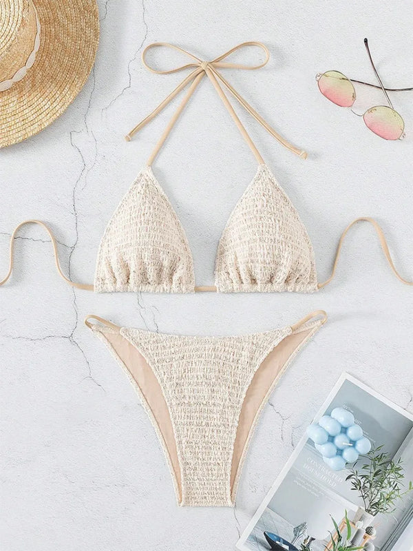 Bikini beige con ferretto e mini bikini a due pezzi, perizoma e laccetti da donna, costume da bagno da donna, costume da bagno biquini