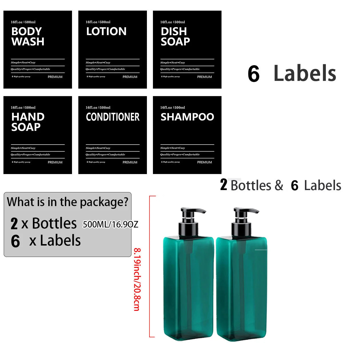 Bathroom Refillable Liquid Square Bottle Dispenser Lotion Containers With Labels Dish Soap Body Wash Dispenser 500ml