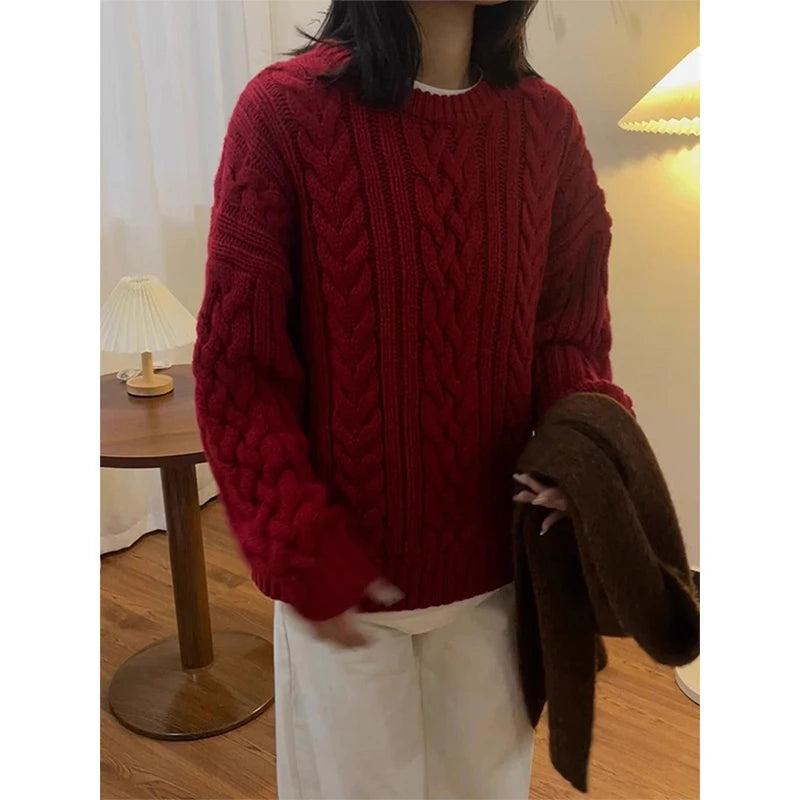 Vintage Red Sweater Women Christmas Long Sleeve Knitted Pullovers Streetwear Korean O Neck Knitwear Fall Winter Casual Jumpers