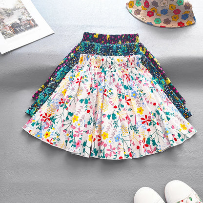 Kids Girls Princess Pleated Skirts Korean Girls Cotton Printed Large Hem Skirt Kids Floral Fluffy Party Skirt Children Clothes