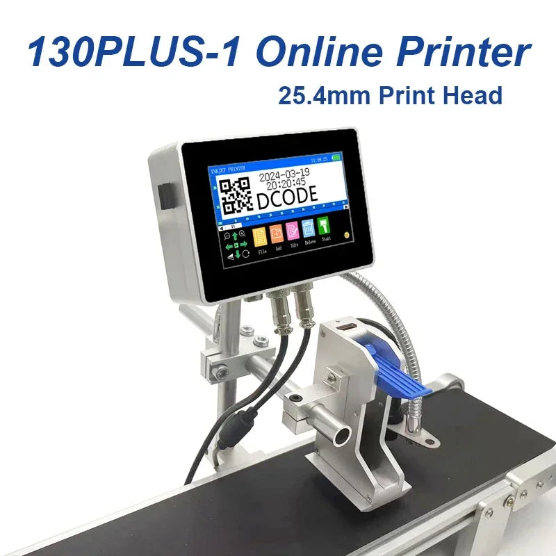 DCODE 130PLUS Industrial Online Inkjet Printer 12.7/25.4mm Nozzle with 4.3inch Screen QR Barcode Batch Number Logo Date Printer