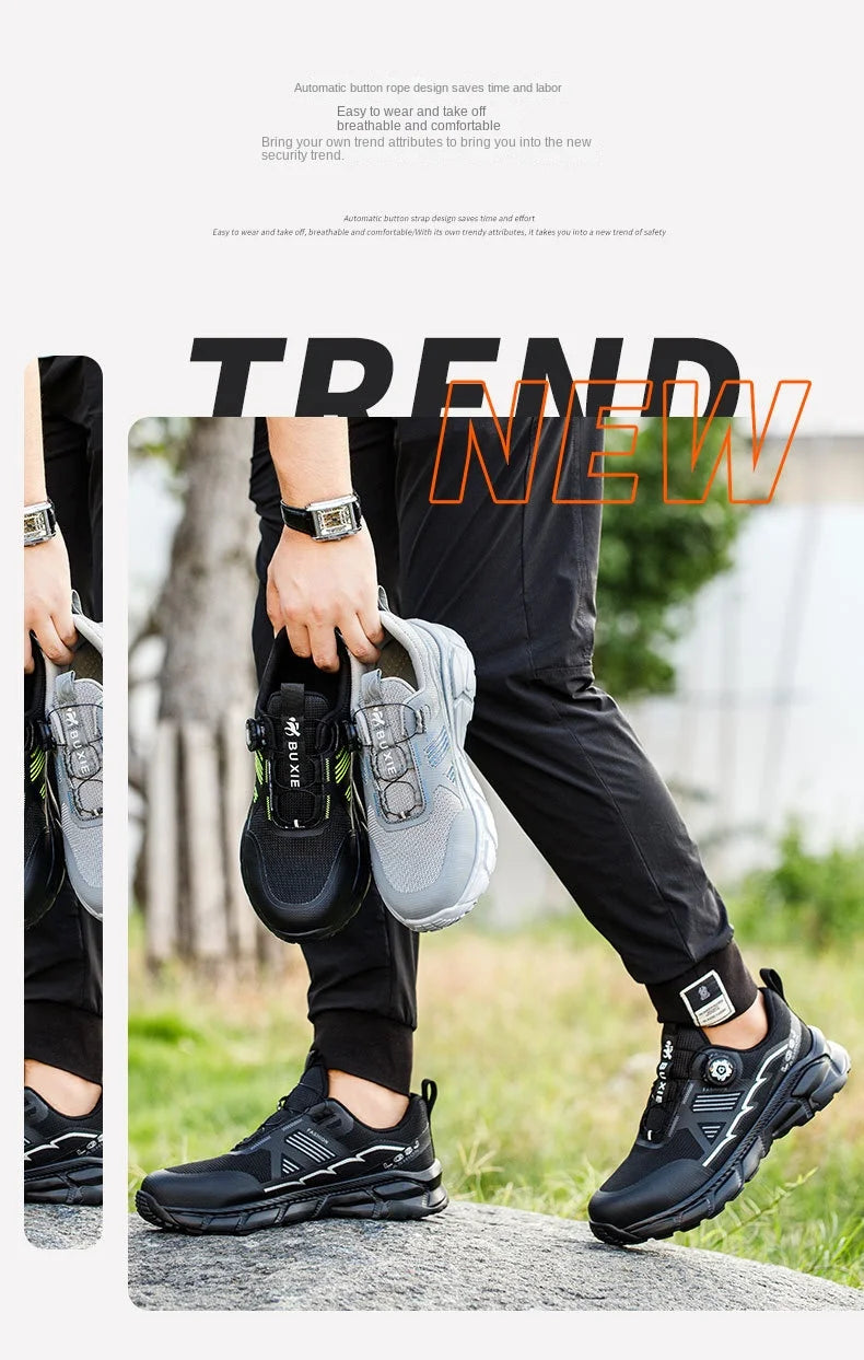 Fashion Rotating Button Lightweight Men Wrok Shoes Security Sneakers Steel Toe Boots Puncture-Proof Anti-smash Male Footwear