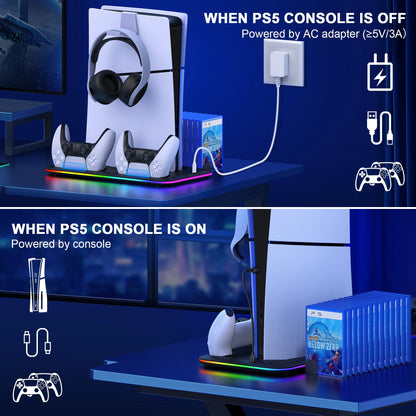 Dinofire Gaming Accessories For PS5 Slim Stand PS5 RGB Cooling Station with Cooling Fan Dual Controller Charger For Playstation5