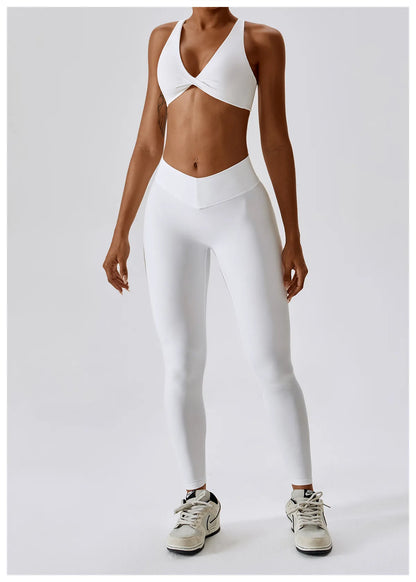 White Yoga Sets Women Sexy Beauty Back Bra High Waist Leggings Suit Comfort Soild Fitness Running Sport Sets Breathabe Sportwear