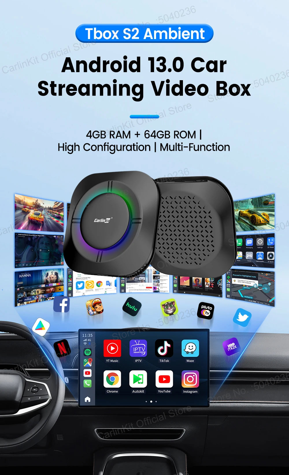 CarlinKit Android 13 LED AI Box Wireless CarPlay Wireless Android Auto Smart Car Multimedia Box Qualcomm Chip SD Expand to 512GB