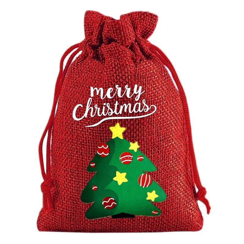 Linen Cotton Drawstring Bags Merry Christmas Decoration 2024 Christmas Navidad Natal New Year 2025 Packing Gift Candy Bag