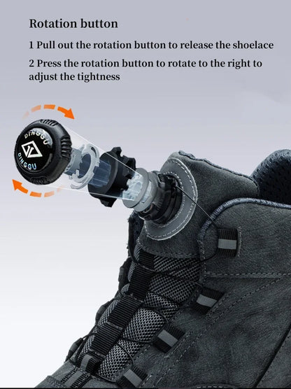 Black Leather Winter Fashion 2023 Rotating Buttons Safety Shoes Men Waterproof Work Boots Men Anti-puncture Protective Footwear