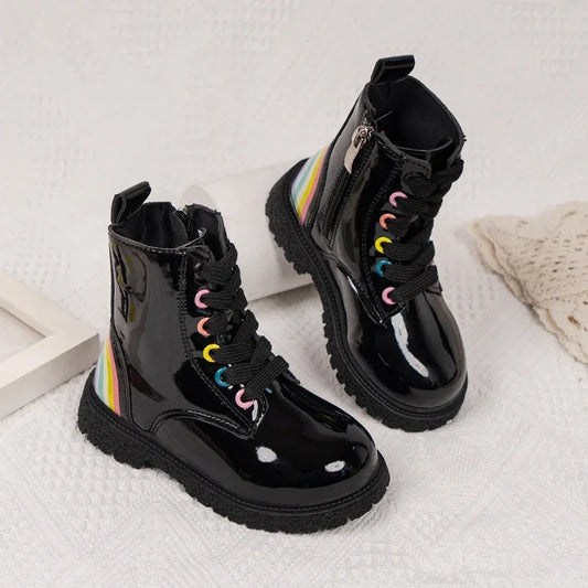 Kids Fashion Boots for Boys Girls 2024 Autumn Winter New Rainbow Color Rubber Boots Zipper Children Ankle Boots Black Glossy Hot