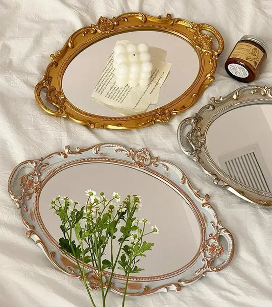 European Decorative Plate Storage Tray Oval Plate Jewelry Display Rotary Candy Decor Tray Mirror Decorative Make Up Mirror 