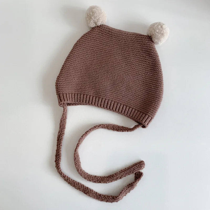 Korean Baby Ear Protection Hat Winter Warm Toddler Knitted Hat 2-24 Months Infant Woolen Crochet Bonnet Double Ball Kids Beanie