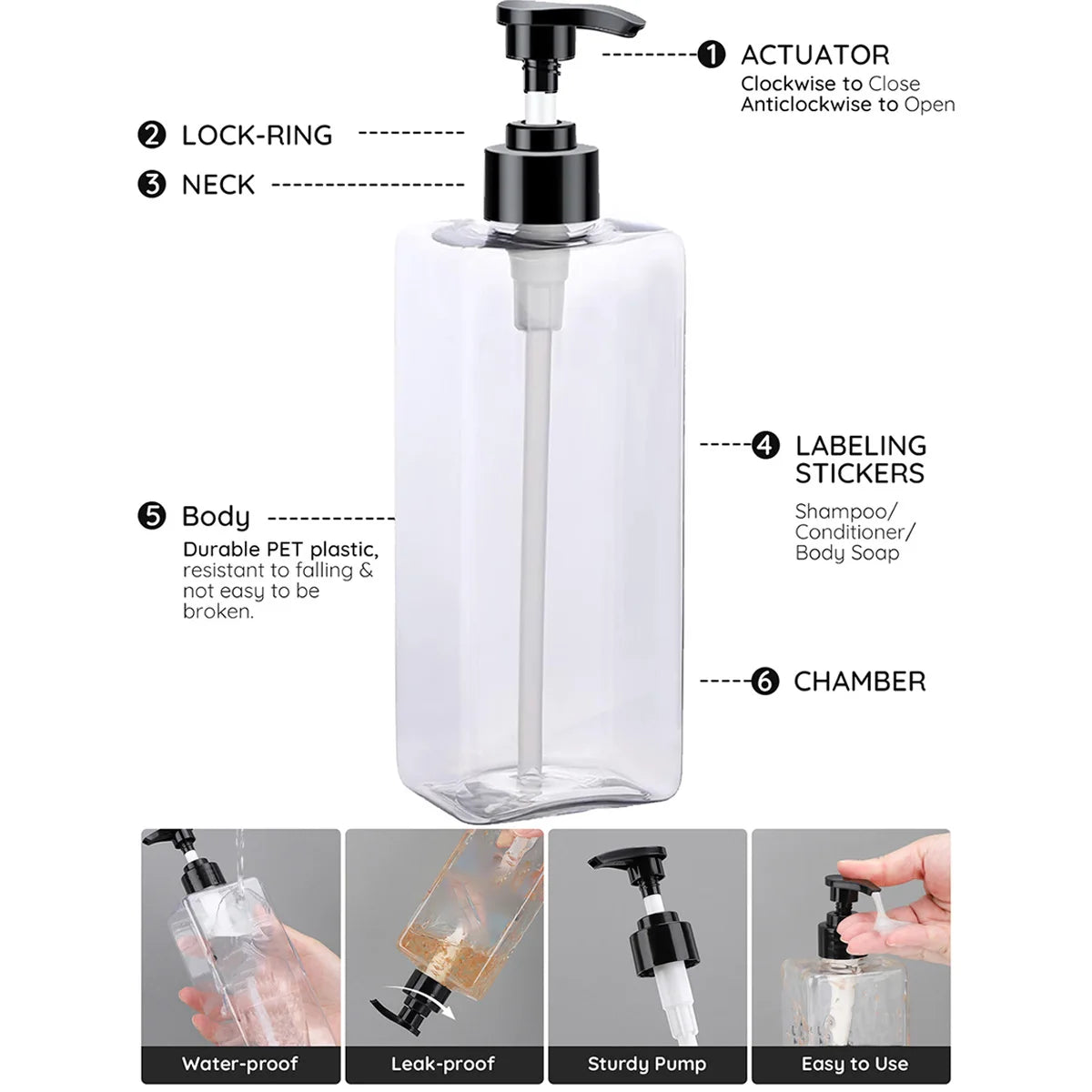 Bathroom Refillable Liquid Square Bottle Dispenser Lotion Containers With Labels Dish Soap Body Wash Dispenser 500ml