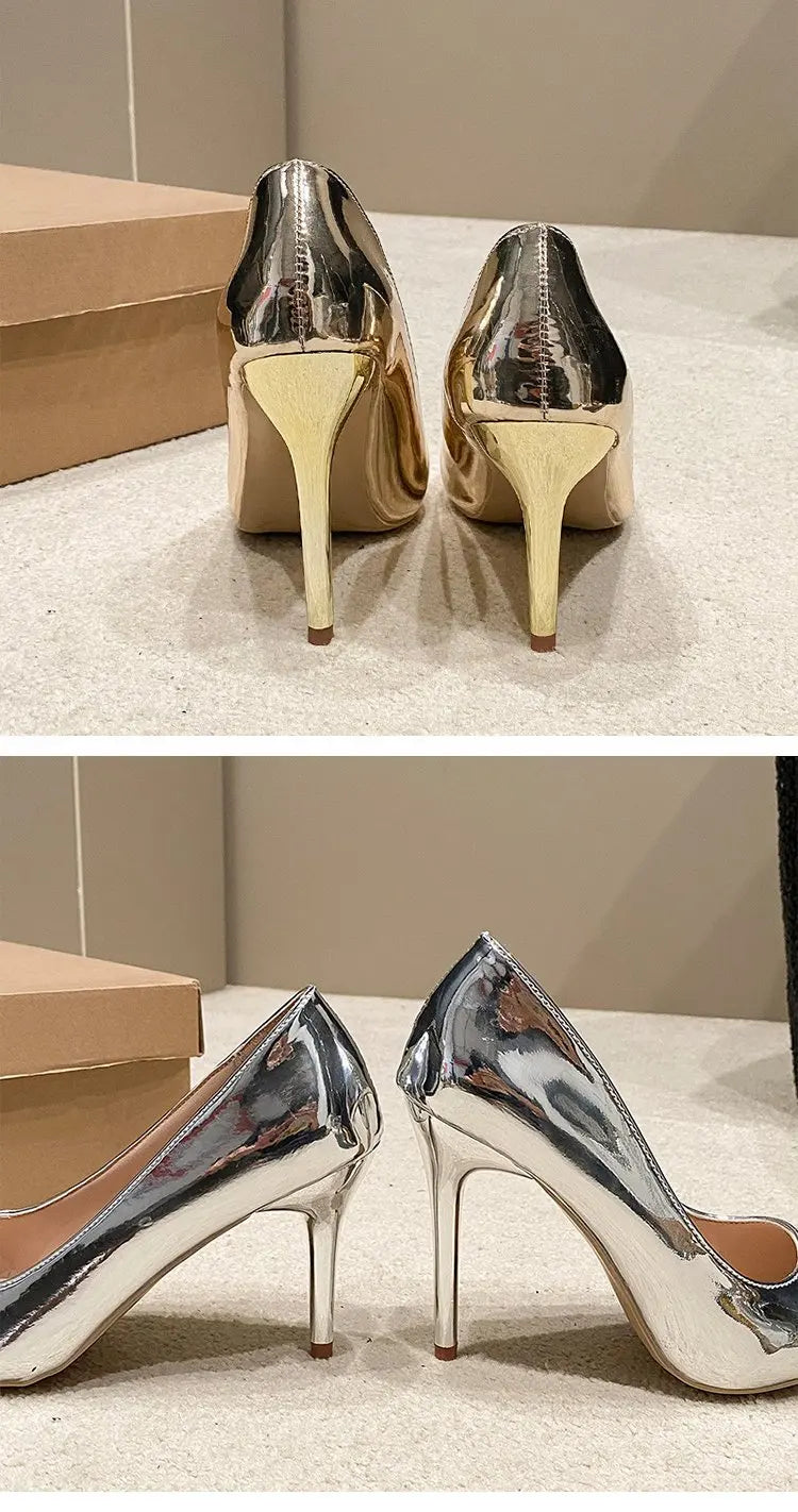 Soft Leather Sliver Gold High Heels 8/10cm Shoe Fashion Women Pumps Pointed Toe Slip-on Office Woman Wedding Shoes Large Size 43