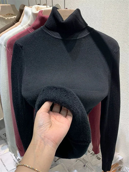 Winter Turtleneck Sweater Knitwear Women Elegant Thicken Velvet Lined Warm Sweaters Knitted Pullover Slim Tops Jersey Jumper New