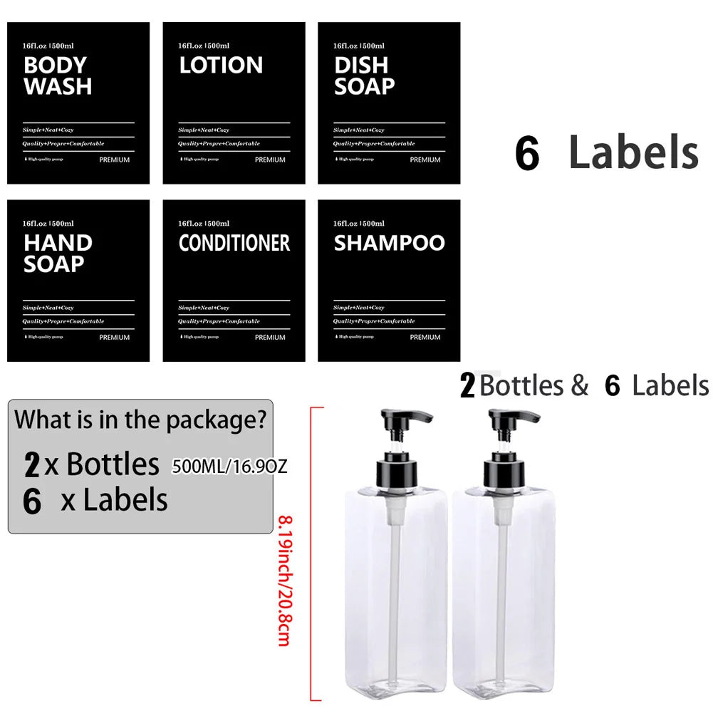 2x 500ml Refillable Square Soap Dispenser Bathroom Kitchen Liquid Storage Bottle Hand Dish Shampoo Container With Label Stickers