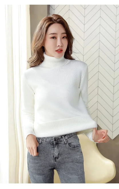 Winter Turtleneck Sweater Knitwear Women Elegant Thicken Velvet Lined Warm Sweaters Knitted Pullover Slim Tops Jersey Jumper New