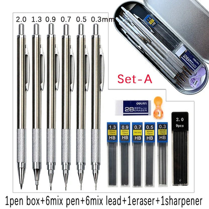 6pcs Metal Mechanical Pencil with Pen Box Lead Eraser Pencil Sharpener Set 0.3 0.5 0.7 0.9 1.3 2.0mm Art Sketch Automatic Pencil