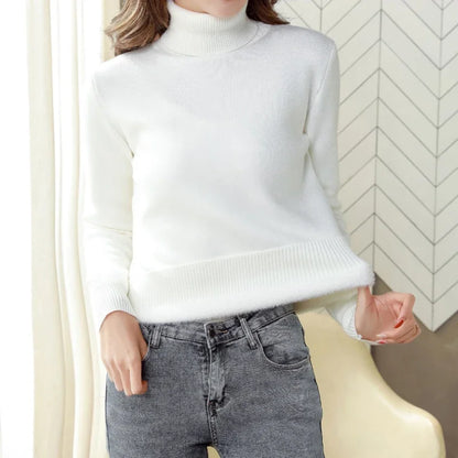 Winter Turtleneck Sweater Knitwear Women Elegant Thicken Velvet Lined Warm Sweaters Knitted Pullover Slim Tops Jersey Jumper New