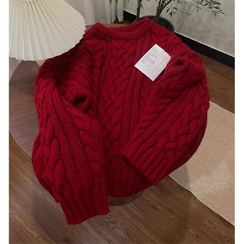 Vintage Red Sweater Women Christmas Long Sleeve Knitted Pullovers Streetwear Korean O Neck Knitwear Fall Winter Casual Jumpers