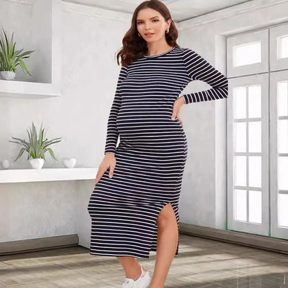 Women's Long-Sleeved Striped Round-Neck Maternity Dress, Sexy One-step Skirt, Casual Wear, Versatile, Spring, Summer