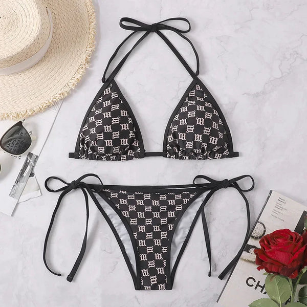 Set bikini stile costume da bagno a coppa triangolo due pezzi a vita bassa perizoma costume da bagno Halter Lace-up Backless Beachwear