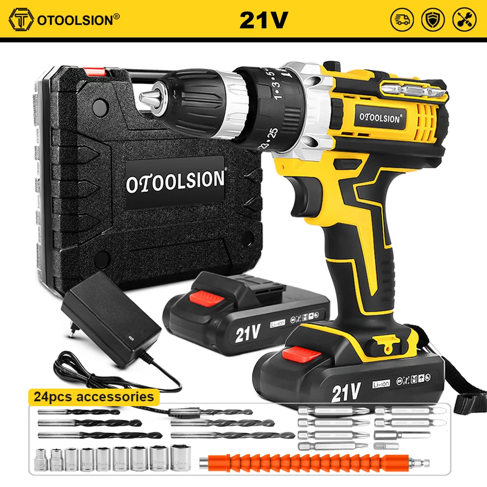 OTOOLSION New 21V Impact Cordless Drill Electric Screwdriver Rechargeable Battery Wireless Hand Drill Power Tools For DIY Home