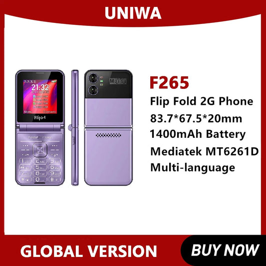 UNIWA F265 Fold Flip Phone 2G Mobile Phone for Elderly Dual Screen Single Nano Big Push-Button 1400mAh Battery